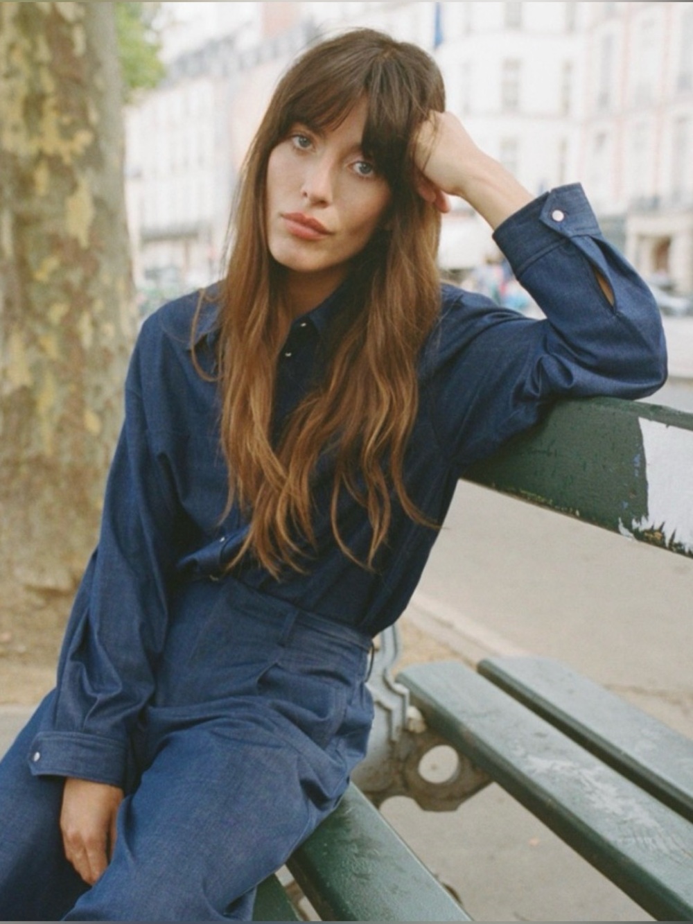 ZARA Faux Denim Button Down Shirt Blue Size Small EUC